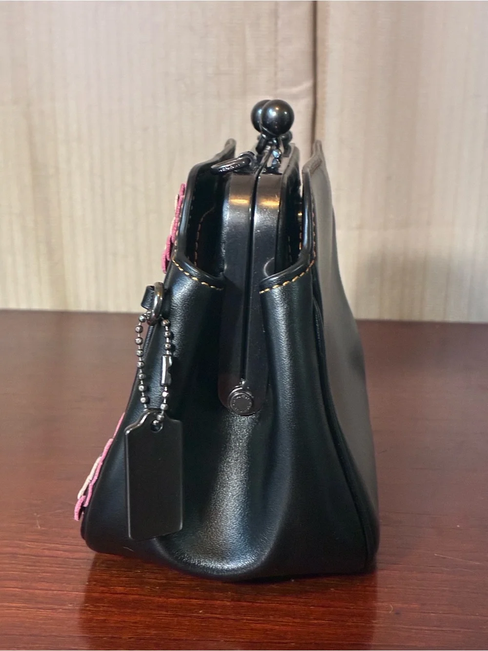 Coach Black Pearl Floral Appliqué Kiss-Lock Hand Bag